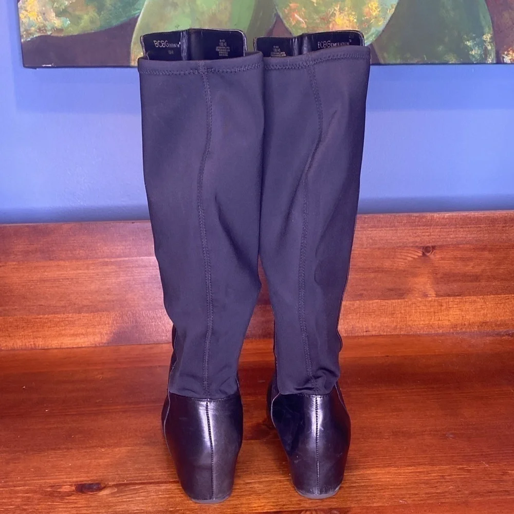 BCBG black leather & fabric tall knee high hidden wedge boots black size 10